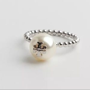 Tory Burch Silver Logo Pearl Milgrain Ring (Size 6) With Jewelry Dust Bag